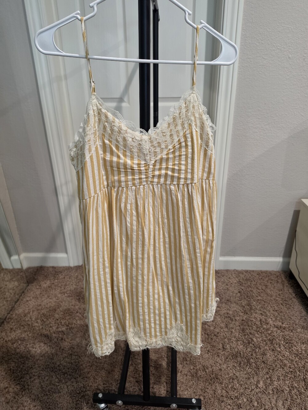 Entro Yellow White Stripe Lace Trim Babydoll Mini Dress Size Medium